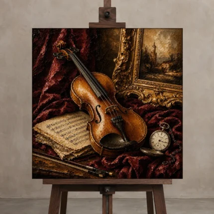 Burgundy Velvet Violin Still Life Wall Art Canvas Print shown in Studio Easel