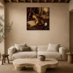 Burgundy Velvet Violin Still Life Wall Art Canvas Print presented in a sophisticated home setting