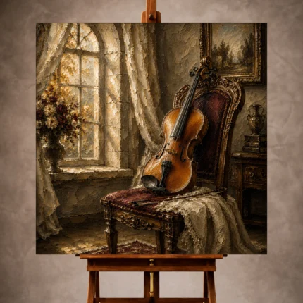 Warm morning Violin Wall Art print featuring an elegant violin on a carved wooden chair beside an arched window for sophisticated interiors