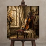 Morning Light Violin Wall Art Canvas Print displayed on a studio easel