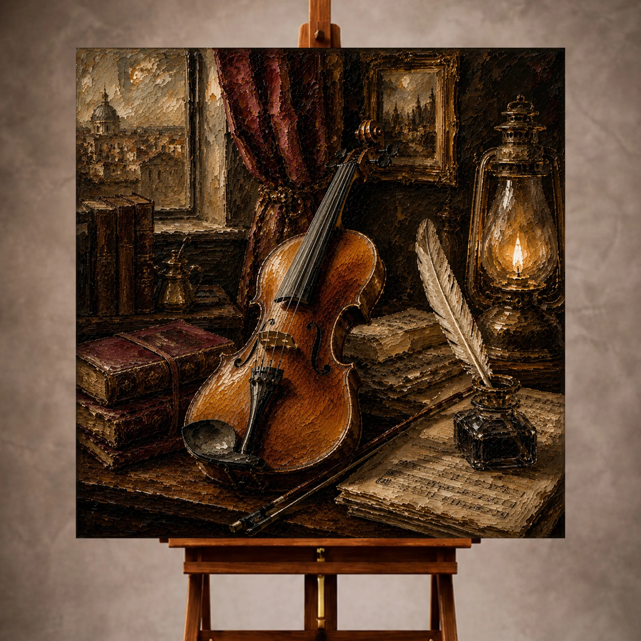 Premium Wall Art Kare Html Edition – Music049 Image 1 Warm classical Violin Wall Art print featuring an antique violin with a feather quill, music journals, ink bottle, and oil lantern for elegant interiors