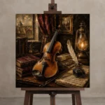 Composer’s Study Violin Wall Art Canvas Print displayed on a studio easel