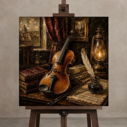 Composer’s Study Violin Wall Art Canvas Print shown in Studio Easel