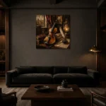 Composer’s Study Violin Wall Art Canvas Print shown in a warm modern interior