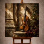 Warm classical Violin Wall Art print featuring a beautifully crafted violin with architectural molding, marble pedestal, and trailing ivy for elegant interiors