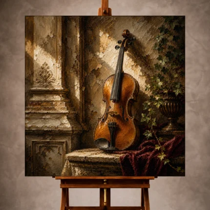 Warm classical Violin Wall Art print featuring a beautifully crafted violin with architectural molding, marble pedestal, and trailing ivy for elegant interiors