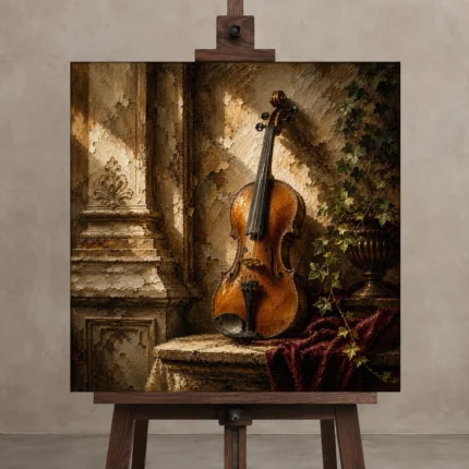 Classical Violin Architectural Wall Art Canvas Print shown in Studio Easel