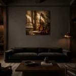 Classical Violin Architectural Wall Art Canvas Print shown in a warm modern interior
