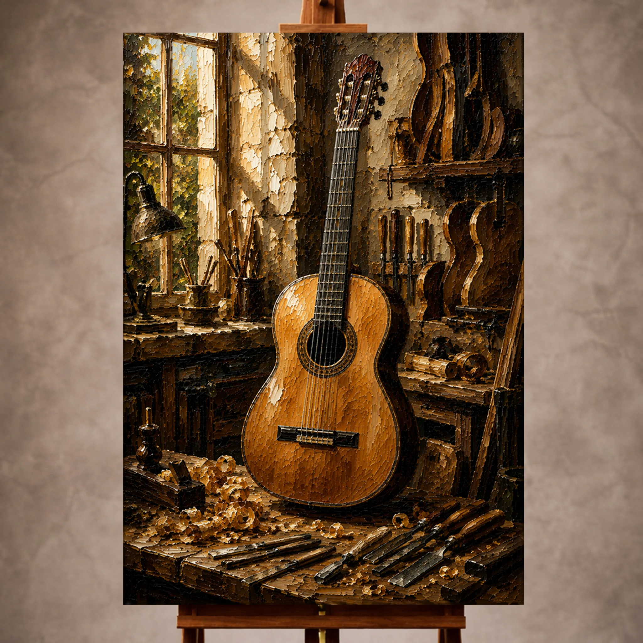Premium Wall Art Dikey Html Edition – Music051 Image 1 Warm brown Guitar Wall Art print featuring a classical guitar in an artisan workshop for elegant interiors