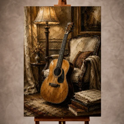 Warm Guitar Wall Art print featuring an acoustic guitar beside an elegant armchair for refined interiors