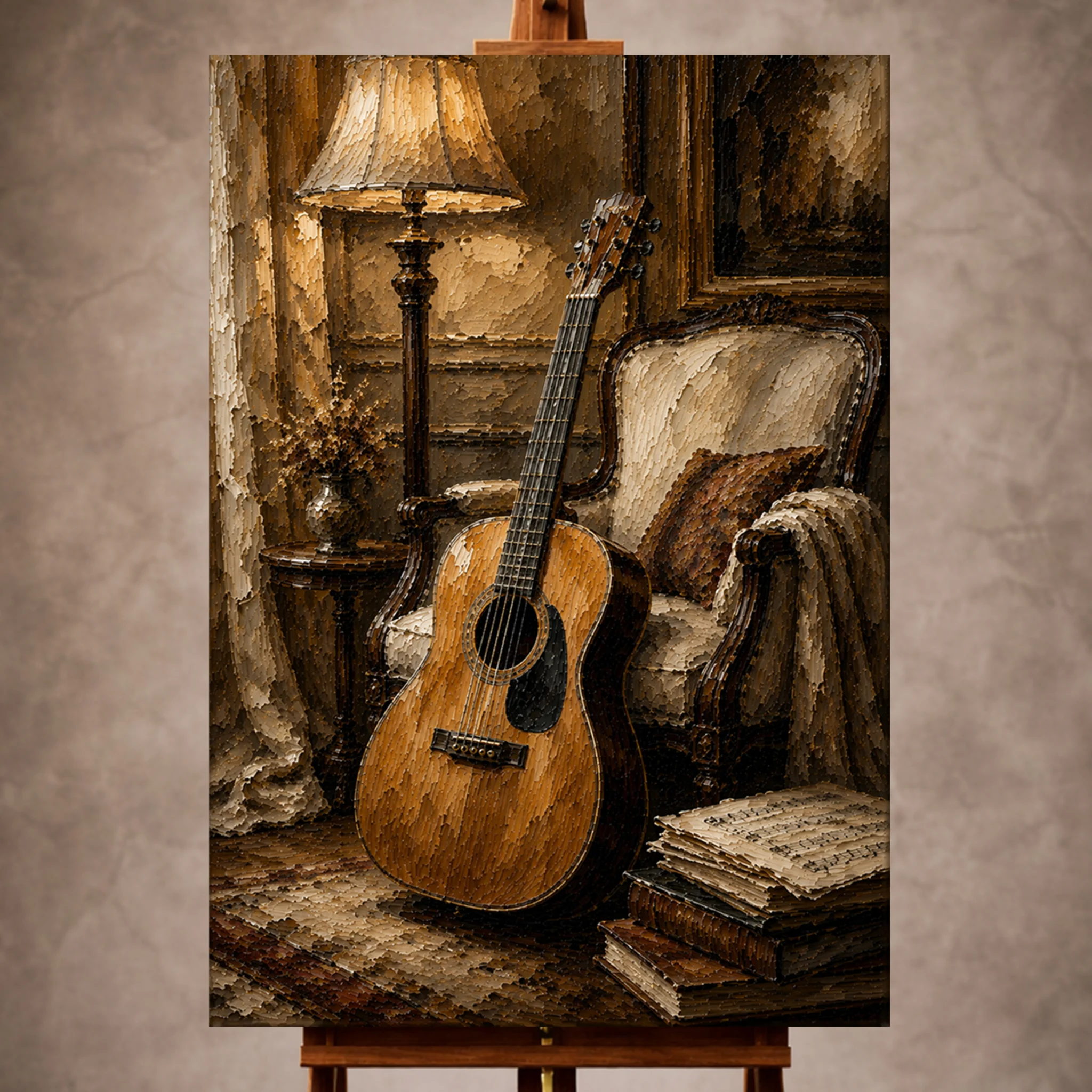 Premium Wall Art Dikey Html Edition – Music052 Image 1 Warm Guitar Wall Art print featuring an acoustic guitar beside an elegant armchair for refined interiors