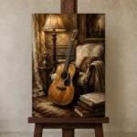 Warm Acoustic Guitar Wall Art Canvas Print displayed on a studio easel