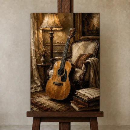 Warm Acoustic Guitar Wall Art Canvas Print shown in Studio Easel