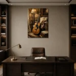 Warm Acoustic Guitar Wall Art Canvas Print displayed in a contemporary gallery-inspired room