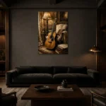 Warm Acoustic Guitar Wall Art Canvas Print shown in a warm modern interior