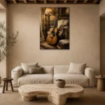 Warm Acoustic Guitar Wall Art Canvas Print presented in a sophisticated home setting