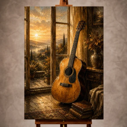 Golden Guitar Wall Art print featuring an acoustic guitar by sunrise windows for elegant interiors