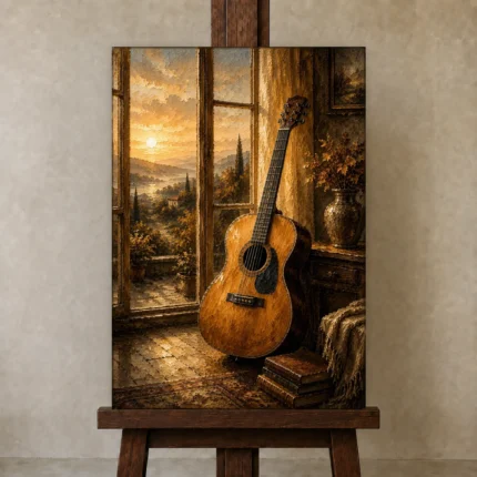 Golden Sunrise Acoustic Guitar Wall Art Canvas Print shown in Studio Easel