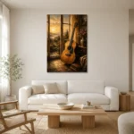Golden Sunrise Acoustic Guitar Wall Art Canvas Print styled in a refined neutral interior