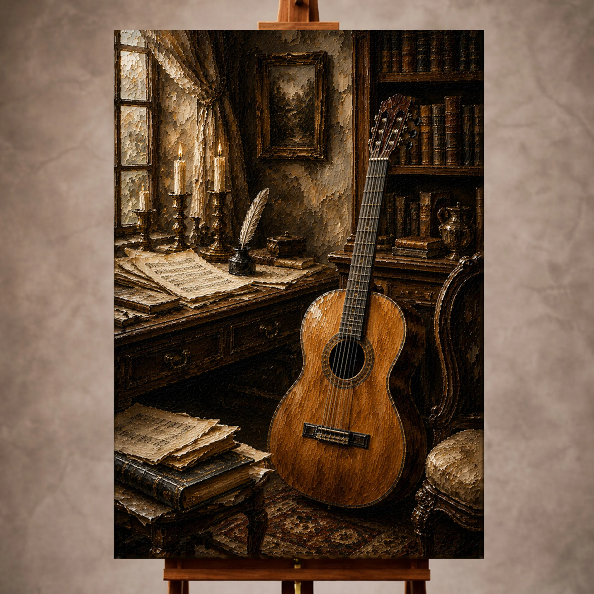 Premium Wall Art Dikey Html Edition – Music054 Image 1 Dark brown Guitar Wall Art print featuring a vintage classical guitar in an old-world library setting for elegant interiors