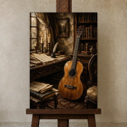 Old World Classical Guitar Wall Art Canvas Print shown in Studio Easel