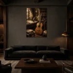 Old World Classical Guitar Wall Art Canvas Print shown in a warm modern interior