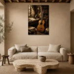 Old World Classical Guitar Wall Art Canvas Print presented in a sophisticated home setting