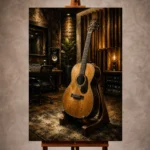Modern Guitar Wall Art print featuring an acoustic guitar in a contemporary recording studio for refined interiors