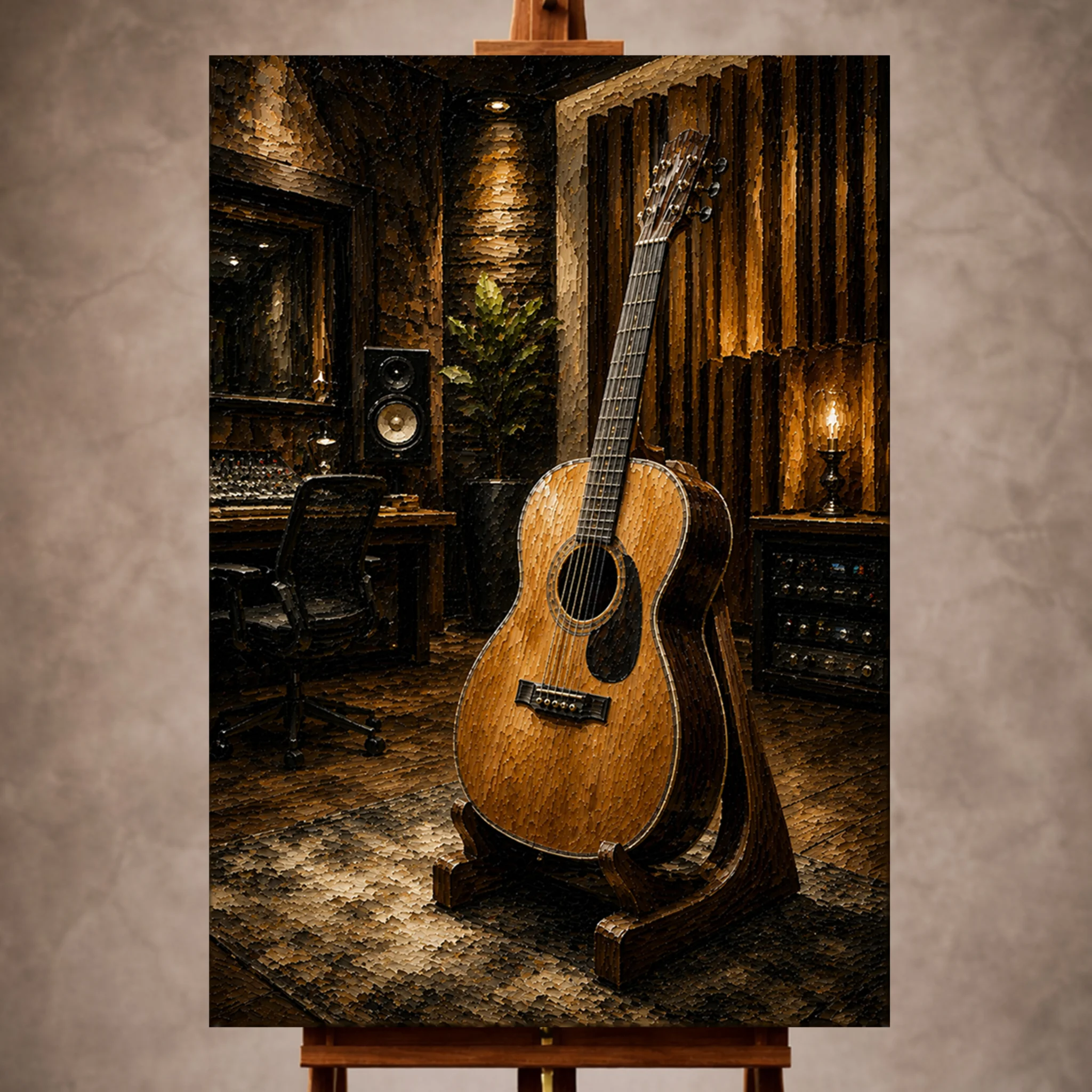 Premium Wall Art Dikey Html Edition – Music055 Image 1 Modern Guitar Wall Art print featuring an acoustic guitar in a contemporary recording studio for refined interiors