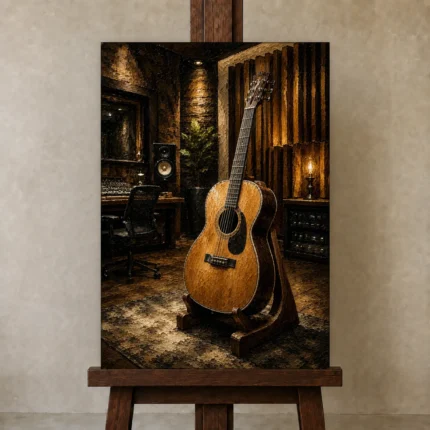 Modern Acoustic Guitar Wall Art Canvas Print shown in Studio Easel