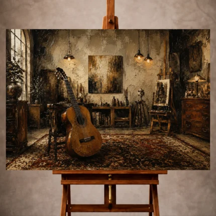 Warm brown Guitar Wall Art print featuring a classical guitar in a vintage artist studio for elegant interiors