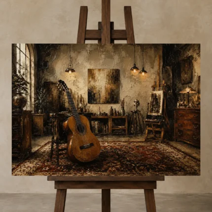 Vintage Artist Studio Guitar Wall Art Canvas Print displayed on a studio easel