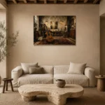 Vintage Artist Studio Guitar Wall Art Canvas Print presented in a sophisticated home setting