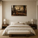 Vintage Artist Studio Guitar Wall Art Canvas Print showcased in an elegant minimalist interior