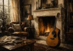 Countryside Fireplace Guitar Wall Art Canvas Print