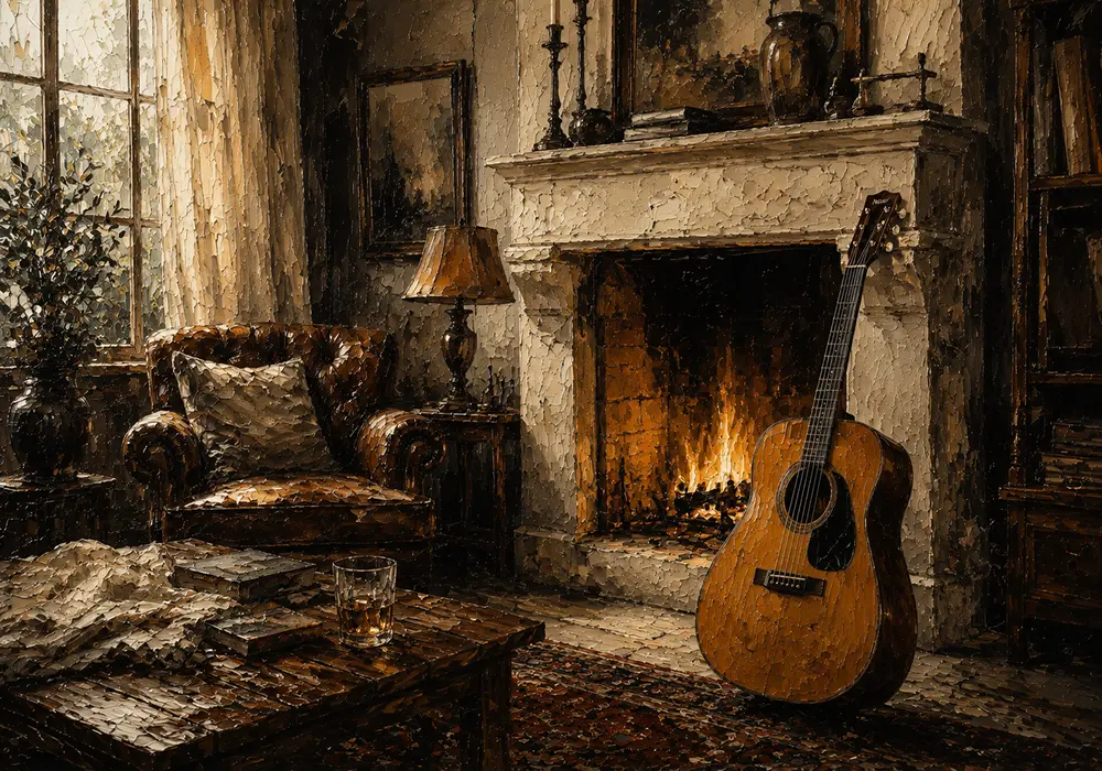 Countryside Fireplace Guitar Wall Art Canvas Print