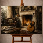 Warm brown Guitar Wall Art print featuring an acoustic guitar beside a cozy limestone fireplace for elegant interiors