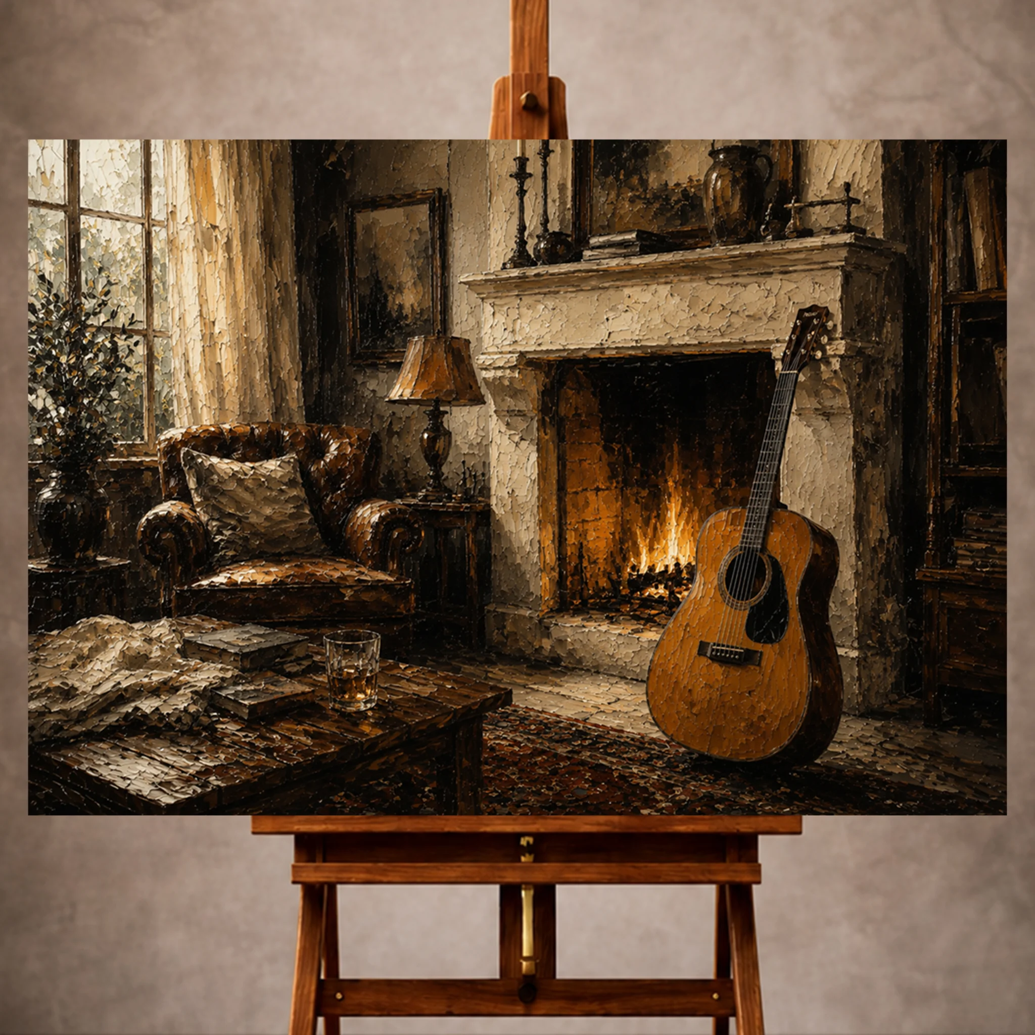 Premium Wall Art Yatay Html Edition – Music057 Image 1 Warm brown Guitar Wall Art print featuring an acoustic guitar beside a cozy limestone fireplace for elegant interiors
