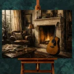 Countryside Fireplace Guitar Wall Art Canvas Print - Image 2