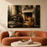 Countryside Fireplace Guitar Wall Art Canvas Print - Image 3