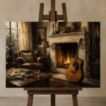 Countryside Fireplace Guitar Wall Art Canvas Print displayed on a studio easel