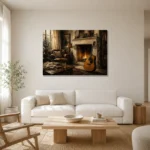 Countryside Fireplace Guitar Wall Art Canvas Print styled in a refined neutral interior