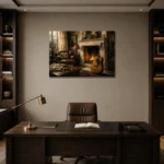 Countryside Fireplace Guitar Wall Art Canvas Print displayed in a contemporary gallery-inspired room