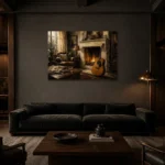 Countryside Fireplace Guitar Wall Art Canvas Print shown in a warm modern interior