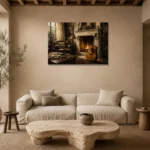 Countryside Fireplace Guitar Wall Art Canvas Print presented in a sophisticated home setting