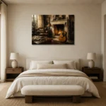 Countryside Fireplace Guitar Wall Art Canvas Print showcased in an elegant minimalist interior