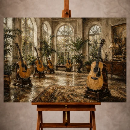 Natural Guitar Wall Art print featuring acoustic guitars in a sunlit conservatory for elegant interiors