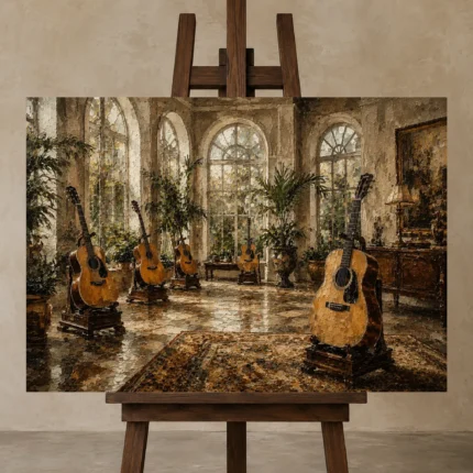 Conservatory Acoustic Guitar Wall Art Canvas Print shown in Studio Easel