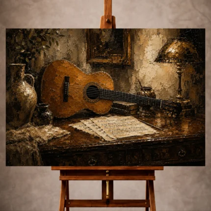 Warm taupe Guitar Wall Art print featuring a vintage acoustic guitar still life for sophisticated interiors