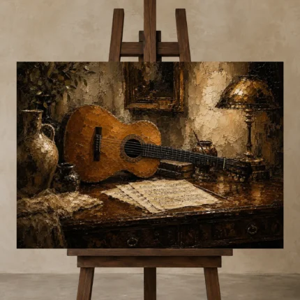Vintage Acoustic Guitar Still Life Wall Art Canvas Print displayed on a studio easel